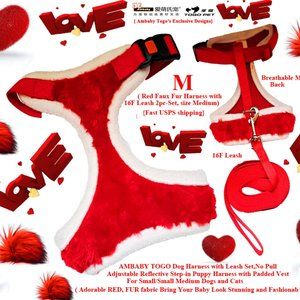 AMBABY Cute M/S 2pc-Set Faux Fur Dog Harness With 16F Long Dog Leash Puppy Vests